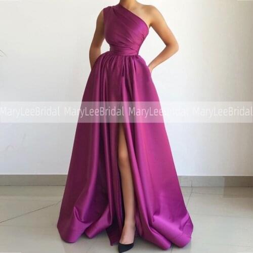 Fuchsia Satin Prom Dress With Pocket Pleats One Shoulder Front High Split Celebrity Evening Dresses Full Length Abiti Da Sera