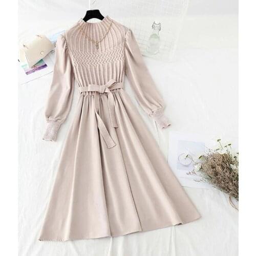 Autumn Winter Women Dress Vintage Corduroy Patchwork Knitted Dress Casual Half high collar Midi Dress Elegant A-line Vestidos