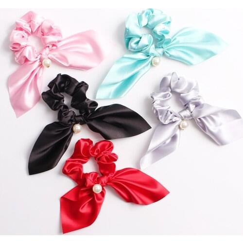 1PCS Fashion Fabric Hair Band Satin Solid Color Hanging Pearl Rabbit Ear Big Intestine Stretchy Hair Band Women Hair Accessories