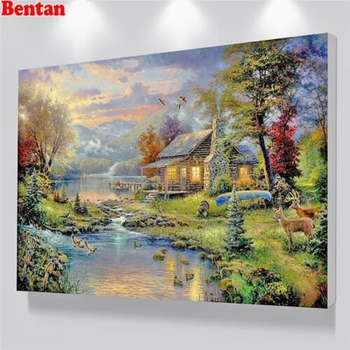 River bank scenery hut 5D diamond painting Cross Stitch Full Square diamond embroidery diamond Rhinestone animal mosaic decor