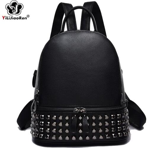 Fashion Rivet Women Backpack Brand Genuine Leather Backpack Purse Large Capacity School Bag Bookbag Designer Simple Back Pack