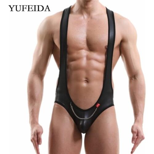 Sexy Mens Undershirts Backless Underwear Wrestling Singlet Leotard Jockstrap Jumpsuit Bodysuits Gay PU Leather Wet Look Clubwear