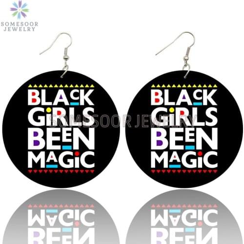 SOMESOOR Black Girls Been Magic Wooden Drop Earrings Poppin Melanin Rocks Both Sides Printed Dangle Jewelry For Women Gifts