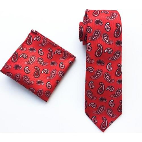 Stylish Men Necktie Set Red Paisley Ties with Handkerchief