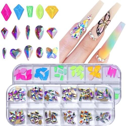 1 Box of 12 Grid Nail Rhinestones Symphony Glass AB Flat Bottom Diamond Gel Polishing Sechnology For Nail Art Decoration SZ0384