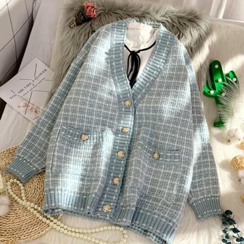 Fairy Warm Wool Sweater Coat for Womens Loose Autumn Korean Plaid Cashmere Blend Knitted Sweater Cardigan