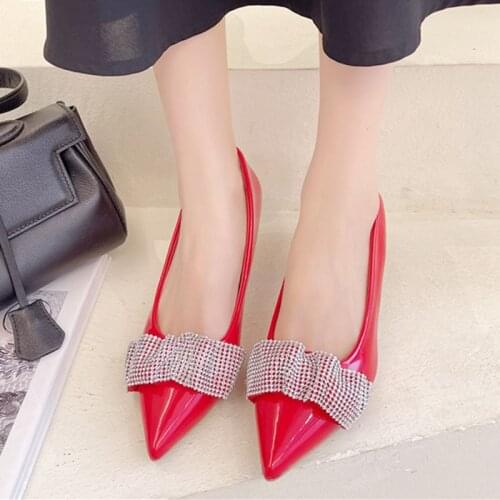 Lucyever Pleated Crystal Thin Heels Pumps Women Sexy Red Pointed Toe High Heels Shoes Woman Simple Slip-on Office Ladies Shoes