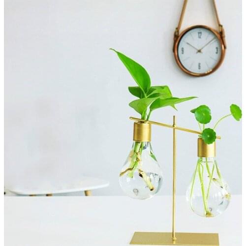 Hydroponic Plant Vase Wrought Iron Glass Bulb Glass Vase European Home Desktop Decoration Ornaments Gifts