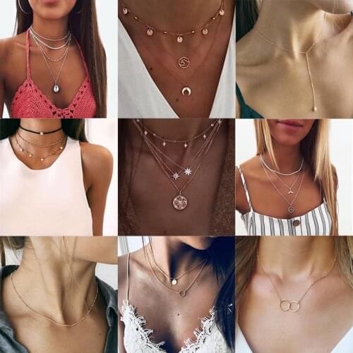 2019 New Bohemian Star Moon Y Pendant Necklace Round Fashion Pearl Wave Choker Necklaces Women DIY Holiday Statement Jewelry