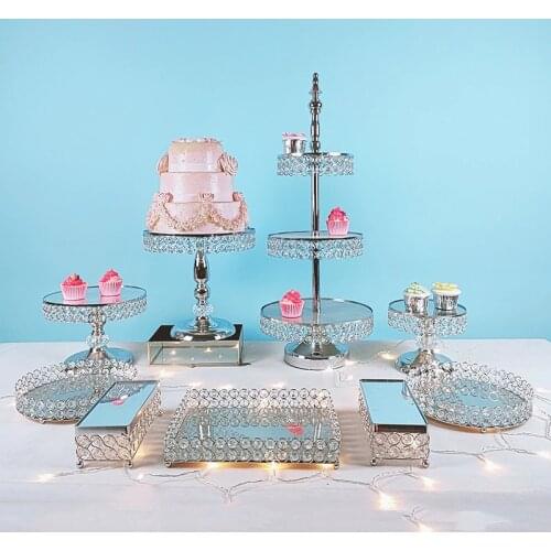 3pcs-15pcs Metal Electroplate Mirror Cake Stand Set Display gold silver crystal cupcake plate