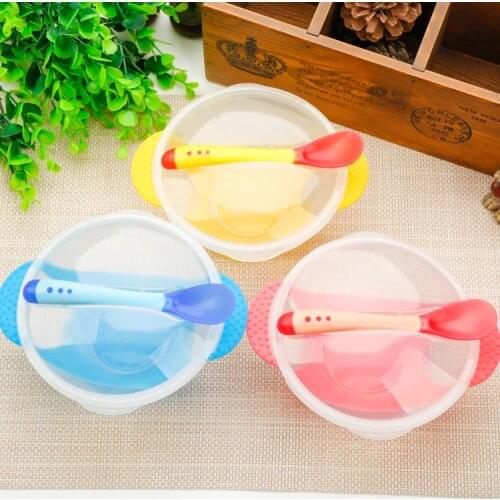 3Pcs/set Baby Learning Dishes With Suction Cup Kids Safety Dinnerware Assist Bowl Temperature Sensing Spoon Fork bowl