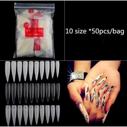 500pcs Nail Art Tips Clear/Natural/White Half Cover Long Sharp Stiletto False Fake Nails Tips Manicure Artificial Nail for Salon