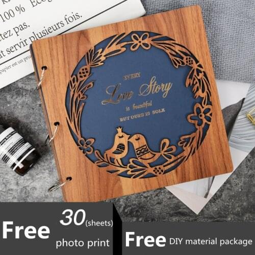 6 Inches Wood Self-adhensive Photo Album DIY Scrapbook Pockets Family Photo Book Wedding Birthday Memory Book Free Photo Print