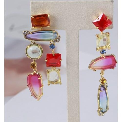 Asymmetric gradient color translucent crystal long earrings