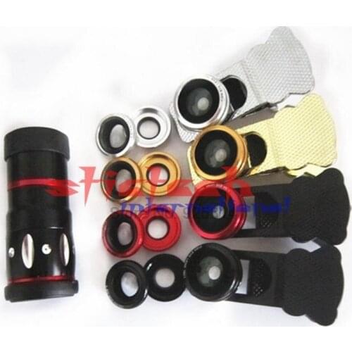 By dhl or ems 20pcs 4 in 1 Universal Fish Eye Wide Angle Macro Lenses 10X Telescope Clip lens For iPhone5 5S 6 Plus Samsung