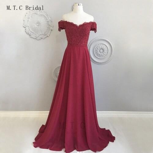 Burgundy Long Evening Dress 2019 Lace Top A Line Floor Length Simple Prom Gowns Cheap Hot Selling Wedding Party Dresses