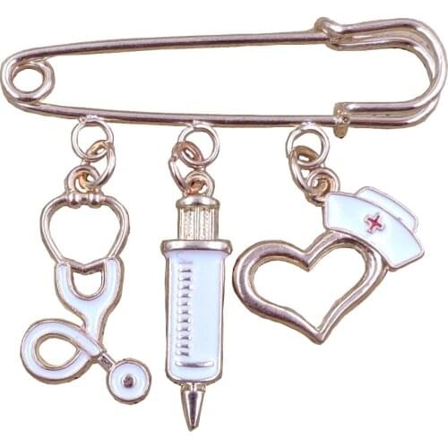 KC Gold Plated Cute Metal Alloy Brooch Nurse Cap Medical Needle Syringe Stethoscope Oil Drop Jewelry Women Men Gift BK001-005