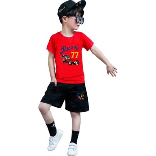 4-10 year boys summer sports two-piece cartoon print short-sleeved T-shirt sweatshirt + Half-length pants quality child clothing