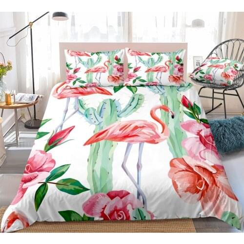 Fanaijia Luxury Flamingo Bedding Sets Queen Size Flower Duvet Cover and Pillowcase Summer Comforter Set Color