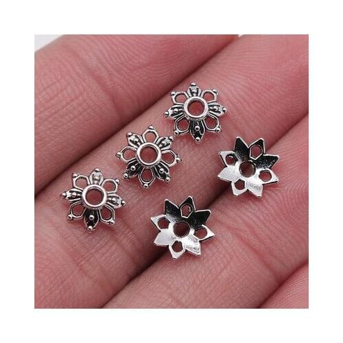 50PCS/lot 9*9mm Antique Gold Color Metal Charms Hollow Flower Bead End Caps Charms For Bracelet Making Jewelry DIY Base Setting