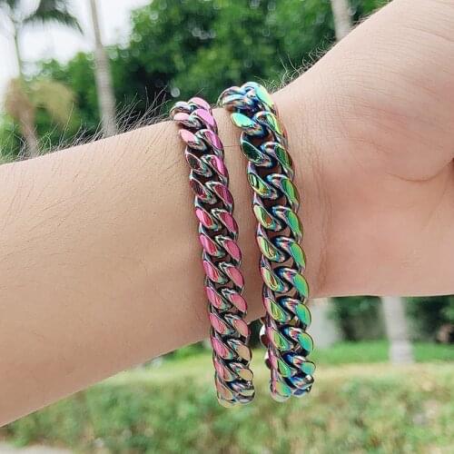 12MM Franco Colorful Miami Curb Cuban Link Chain Bracelet For Men Women Stainless Steel Heavy High Polish Hip Hop Rap Rock GIfts