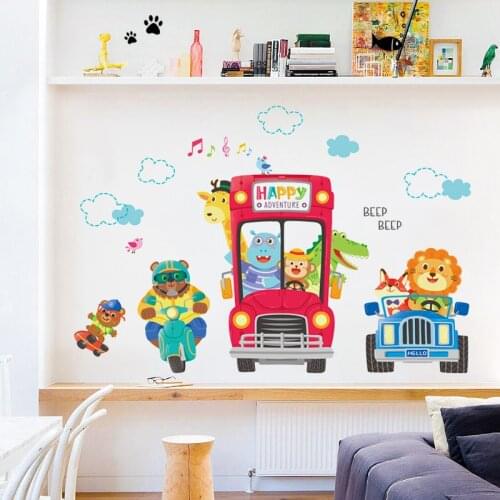 Creative Cute Bus Animal Child Wall Stickers For Kids Rooms Boy Girl Bedroom Wall Decor Self Adhesive Stickers Decoration Home