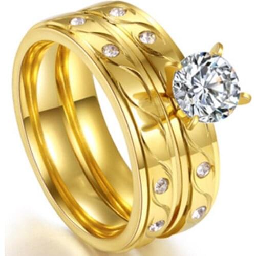 Milangirl Gold Peridot Ring AAA White Zircon2/pcs Ring Women Wedding Band Jewelry zircon Rings