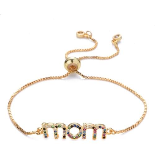 Fashion Gold Color "Mom" Charm Bracelets For Women Girl Adjustable Chain Luxury CZ Zircon Jewelry Gift For Mom