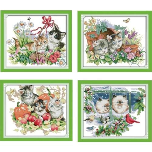 Four Seasons Cats Counted Cross Stitch 11CT 14CT Cross Stitch Set Wholesale Animals Cross-stitch Kits Embroidery Needlework
