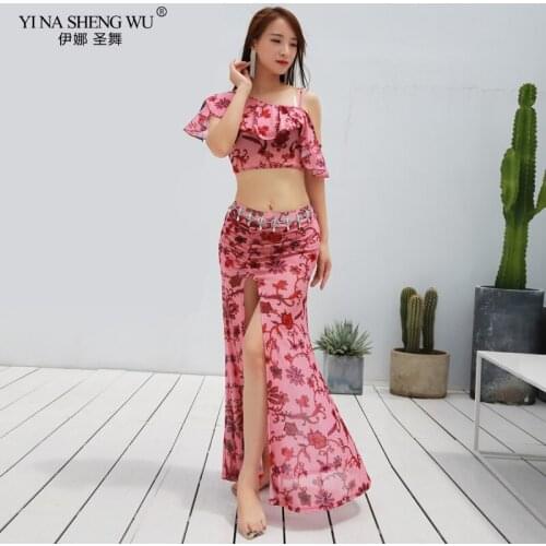 New Women Dancewear Belly Dance Clothing Floral Costume Set One Piece Dress with Bowknot 3 Designs Bellydance Clothing 2pcs Set