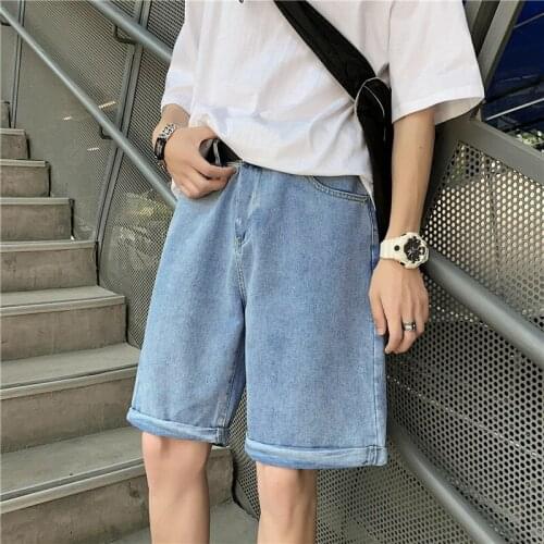 Solid Color Straight Leg Denim Shorts For Men Summer Loose casual Knee-Length Jeans Homewear Board Jeans Shorts 2021