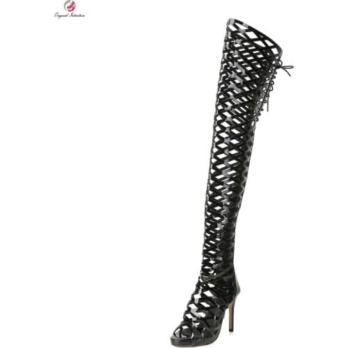 Original Intention Gorgeous New Women Over-the-Knee Boots Peep Toe High Thin Heels Autumn Boots Sexy Black Shoes Woman Size 4-15