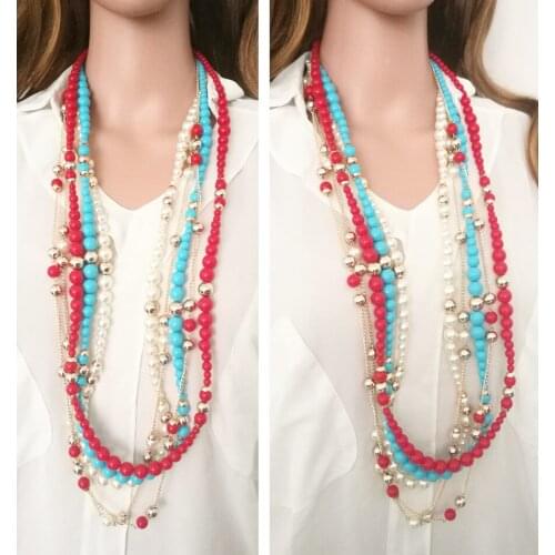 Simulated Pearl Long Necklaces For Women Gold Color Chain Blue Red Pearl Earring Necklace Jewelry Set Female Sweater Necklace