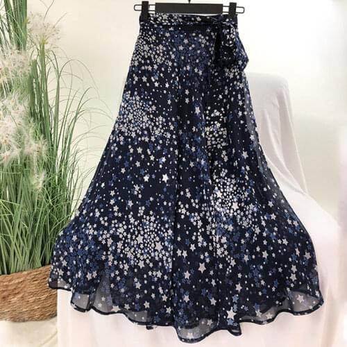 Dust blues stars New printing irregular stars posed in the elegant chiffon skirts long money during