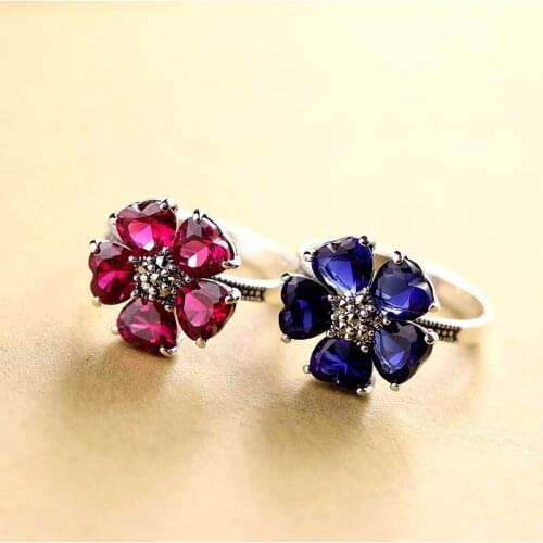 S925 silver ring Thai silver delicateness heart shape ladies cut red zircon ring silver ring