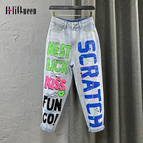 Streetwear Women Loose Harem Denim Pants Female Casual Hight Waist Jeans Plus Size Woman Letter Frayed Holes Loose Trousers