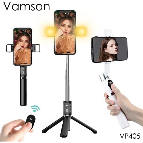 Vamson for iPhone iOS Android Tripod Selfie Stick With Wireless Bluetooth Remote and 3 Colors 9 Modes Double Fill Light VP405