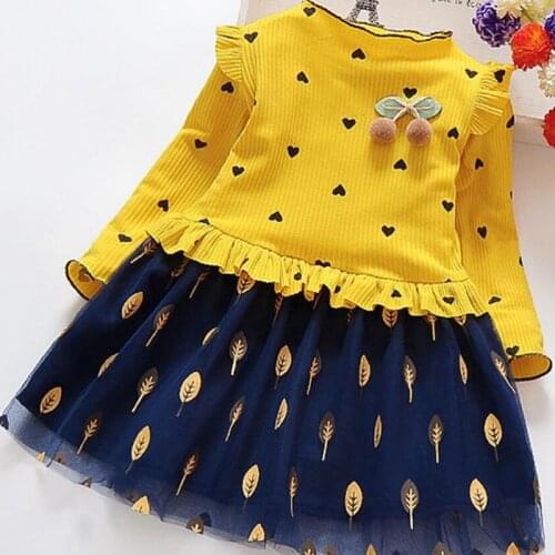 Spring Autumn Toddler Girl Dress Cotton Long Sleeve Mesh Dress Floral Bow Kids Dresses for Girls Leaves Dress Children Clothing