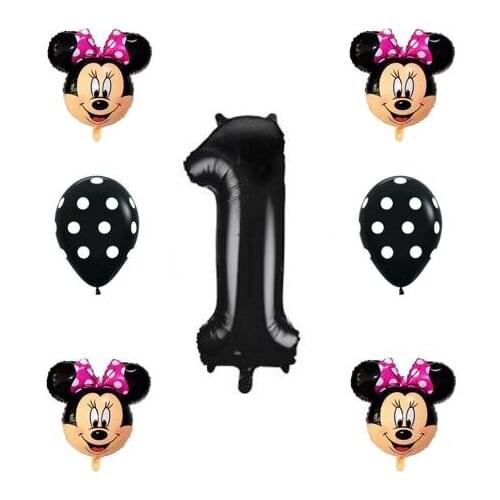 Lot 7 balloons Minnie first birthday balloon number 1 black 100 cm 4 balloons Minnie 35x30 cm and two black balloons
