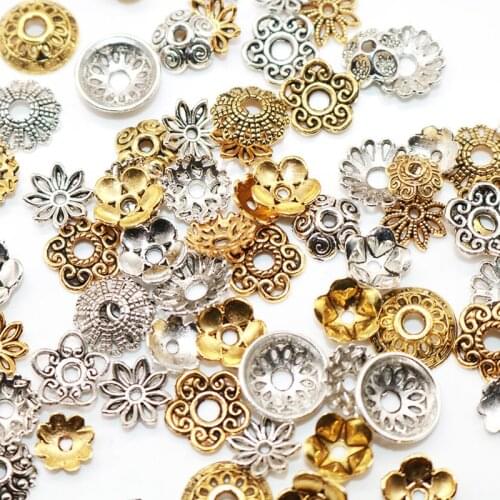 50/100pcs Mixed size Tibetan Antique Silver Color Flower Bead Needlework Diy Accessories End Caps For Jewelry Making Findings