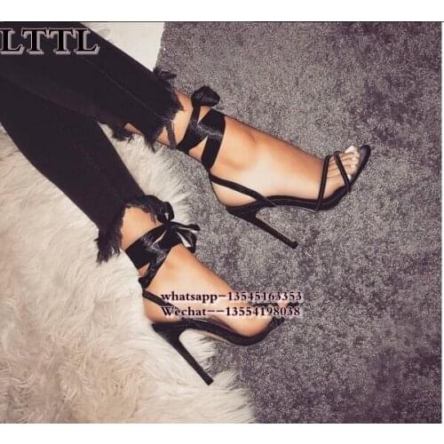 Spring Summer Black Women Sandals High Heels Velvet Shoes Woman Open Toe Ribbon Lace Up Gladiator Sandals Plus Size 42