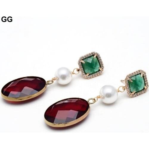 GuaiGuai Jewelry Natural Round White Sea Shell Pearl Red Crystal Pendant Green Crystal CZ Pave Dangle Stud Earrings For Women