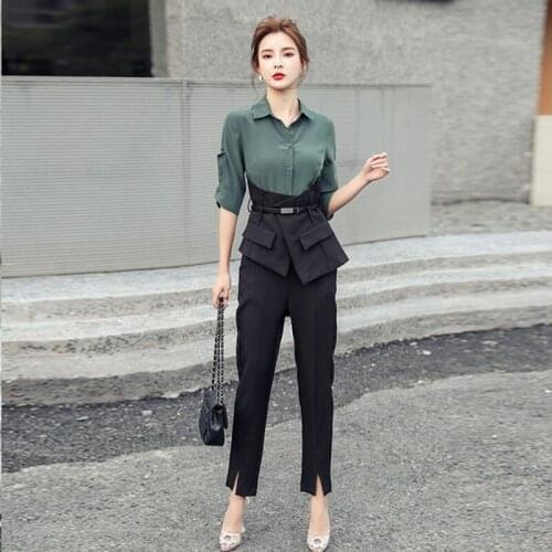 Women shirt Trouser suit Fashion Spring Autumn Single Breasted Plaid Belt patchwork shirt + Formal Pencil Work Wear Pants Set