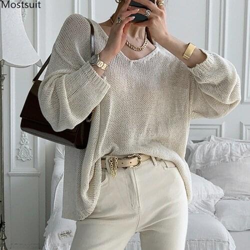 Summer Casual Loose Knitted Tops Women Sweater Korean Style Long Sleeve V-neck Hollow Out Oversized Pullover Sweaters 2021