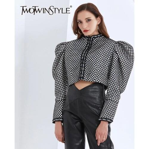 TWOTWINSTYLE Ruched Plaid Jackets For Women O Neck Puff Long Sleeve Ruched Short Female Coats Autumn Fashion Clothing 2020 Tide