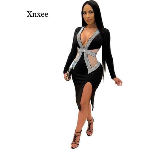 Autumn Vintage Mesh Sequins Patchwork Women Midi Dress Sexy Party Club Deep V-Neck Long Sleeve Side Split Pencil Dresses