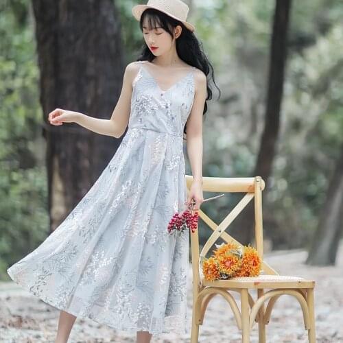 Blue Gentle Vintage Fairy Suspender Dress Women V-neck Sexy Mesh Embroidery Dress Mid-length Vestido Summer 2021 New