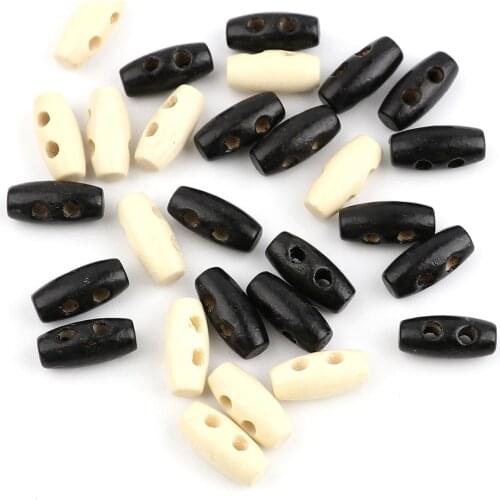 100 PCs Natural Wood Sewing Toggle Buttons For Clothing Overcoat Sweater Repair Scrapbooking Two Holes Barrel Black 16mm x 7mm