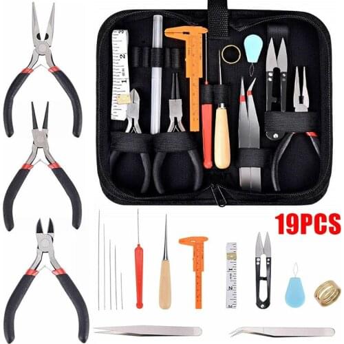 19Pcs Jewelry Making Kit Repair Tool Plier Needles Tweezers Caliper Awl Thread Scissors DIY Earrings Bracelet Necklace Jewelry