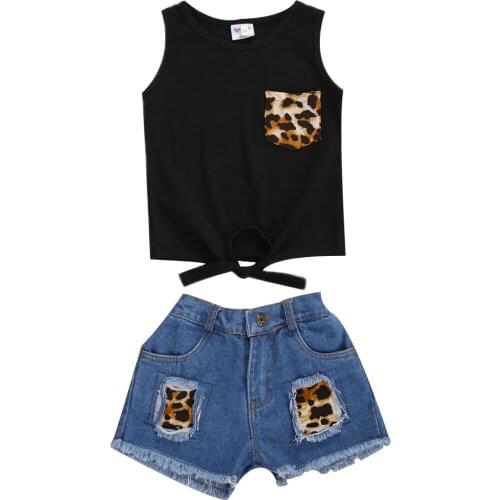 1-6Y Fashion Baby Girls Outift Sleeveless Leopard print Black Vest Tops Tank Denim Shorts jeans Girls 2pcs Sunsuit